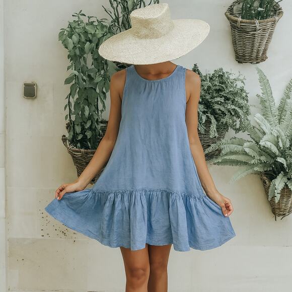 LJC Designs SZ L Annie Dress In Blue Dropped Waist Ruffle Detail Relaxed - Picture 1 of 8